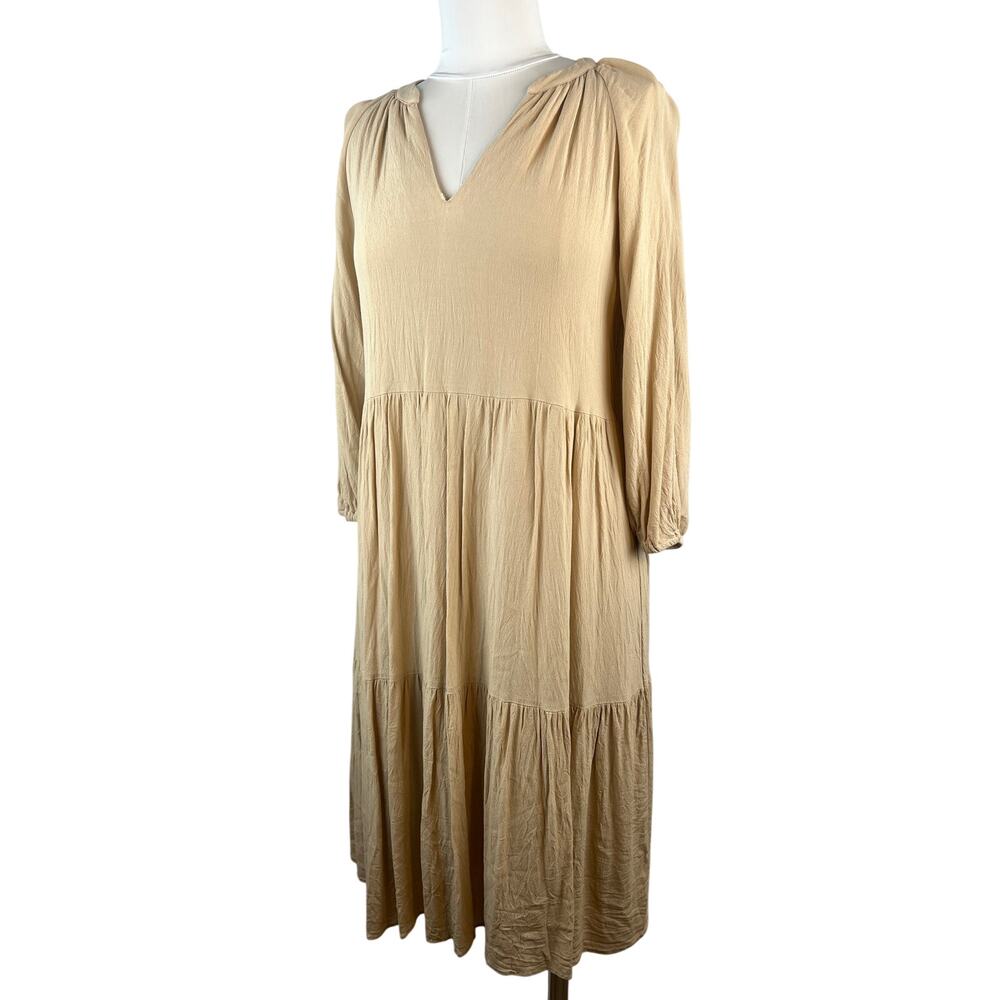 Gibson Latimer Beige Tiered Peasant Midi Dress Long Sleeve Size L Boho